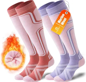 Merino Wool Ski Socks Women Men,2 Pairs Knee High Winter Warm Skiing Socks Performance Thermal Snowboarding Socks