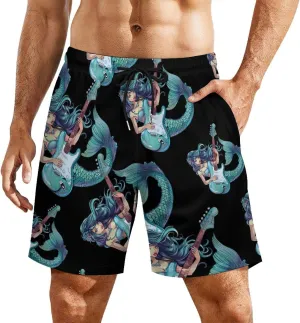 Mermaid Playing Guitar Music Men's Swim Trunks Quick Dry Board Shorts Swimwear Beach Shorts with Compression Liner