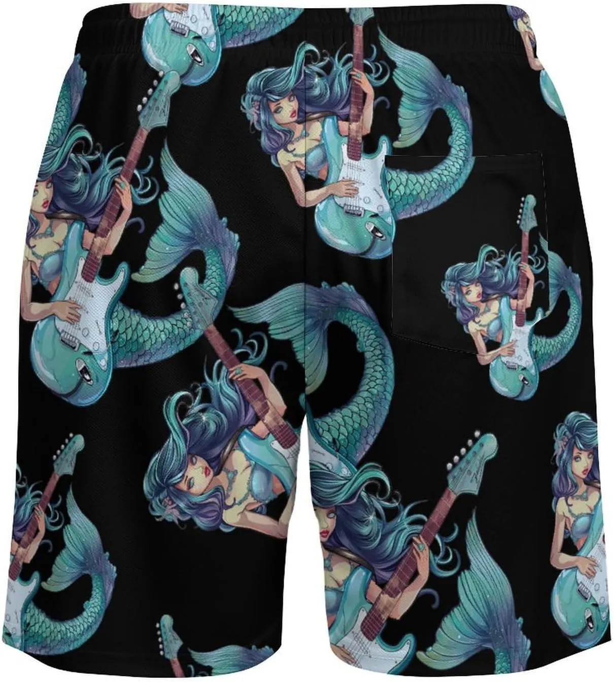 Mermaid Playing Guitar Music Men's Swim Trunks Quick Dry Board Shorts Swimwear Beach Shorts with Compression Liner