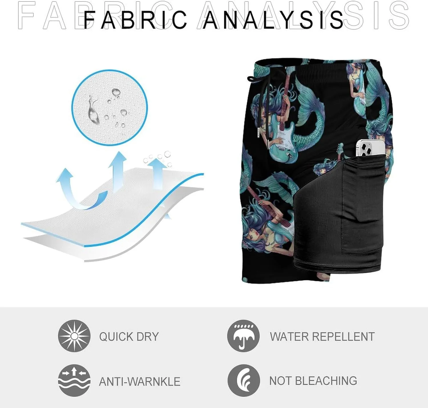 Mermaid Playing Guitar Music Men's Swim Trunks Quick Dry Board Shorts Swimwear Beach Shorts with Compression Liner