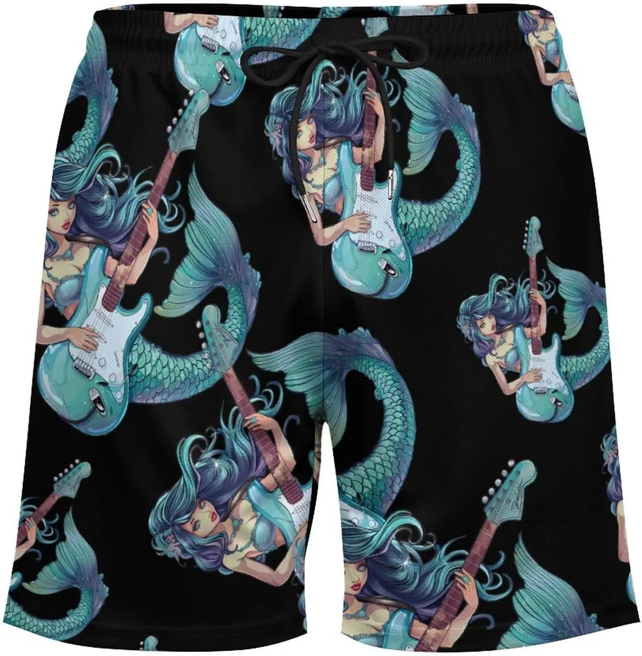Mermaid Playing Guitar Music Men's Swim Trunks Quick Dry Board Shorts Swimwear Beach Shorts with Compression Liner