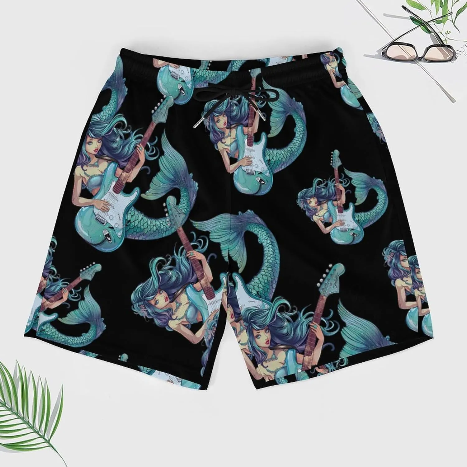 Mermaid Playing Guitar Music Men's Swim Trunks Quick Dry Board Shorts Swimwear Beach Shorts with Compression Liner