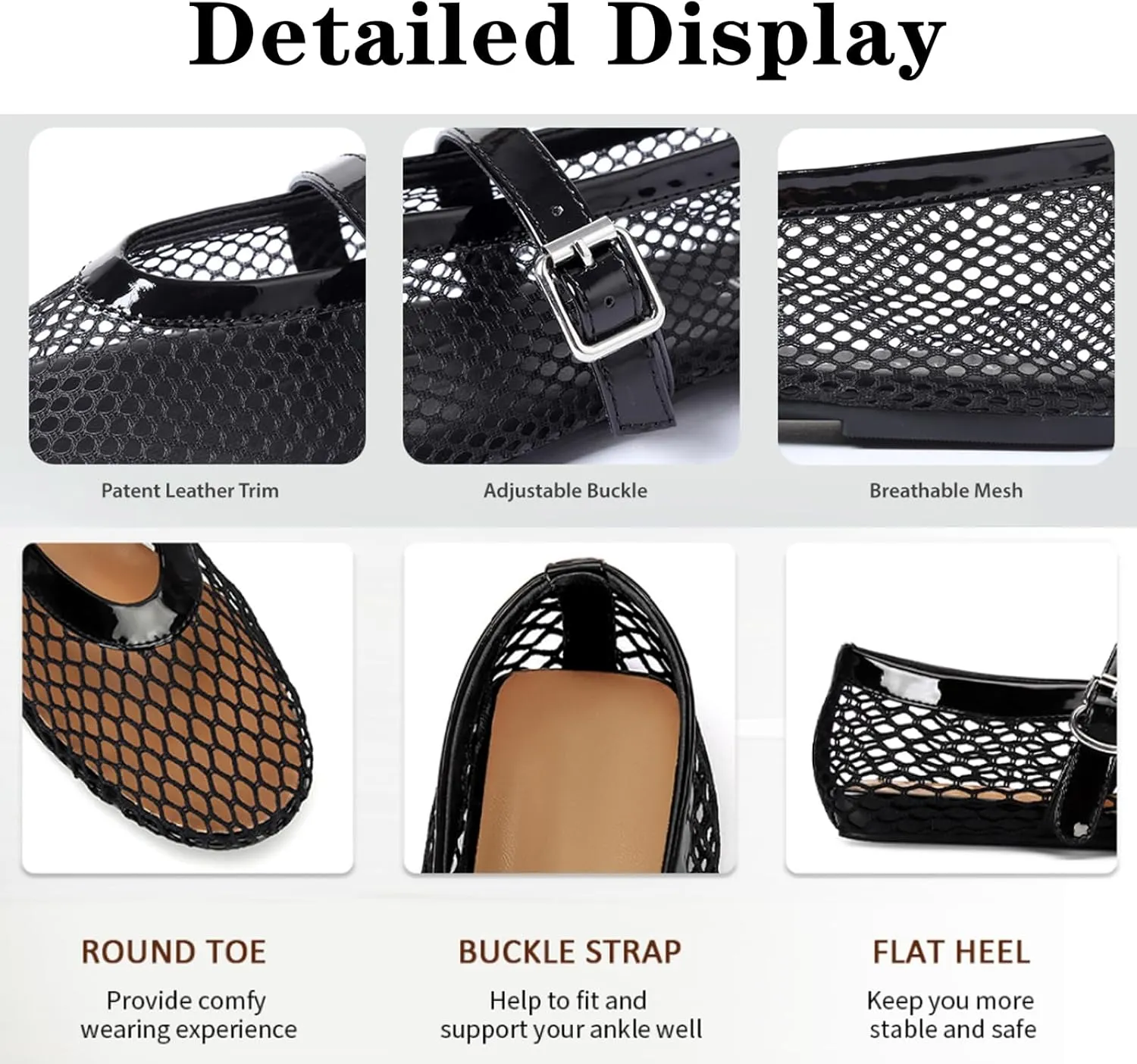 Mesh Ballet Flats for Women Buckle Strap Round Toe Wide Width Mesh Flats Shoes Casual Office Daily Dress Ballerina