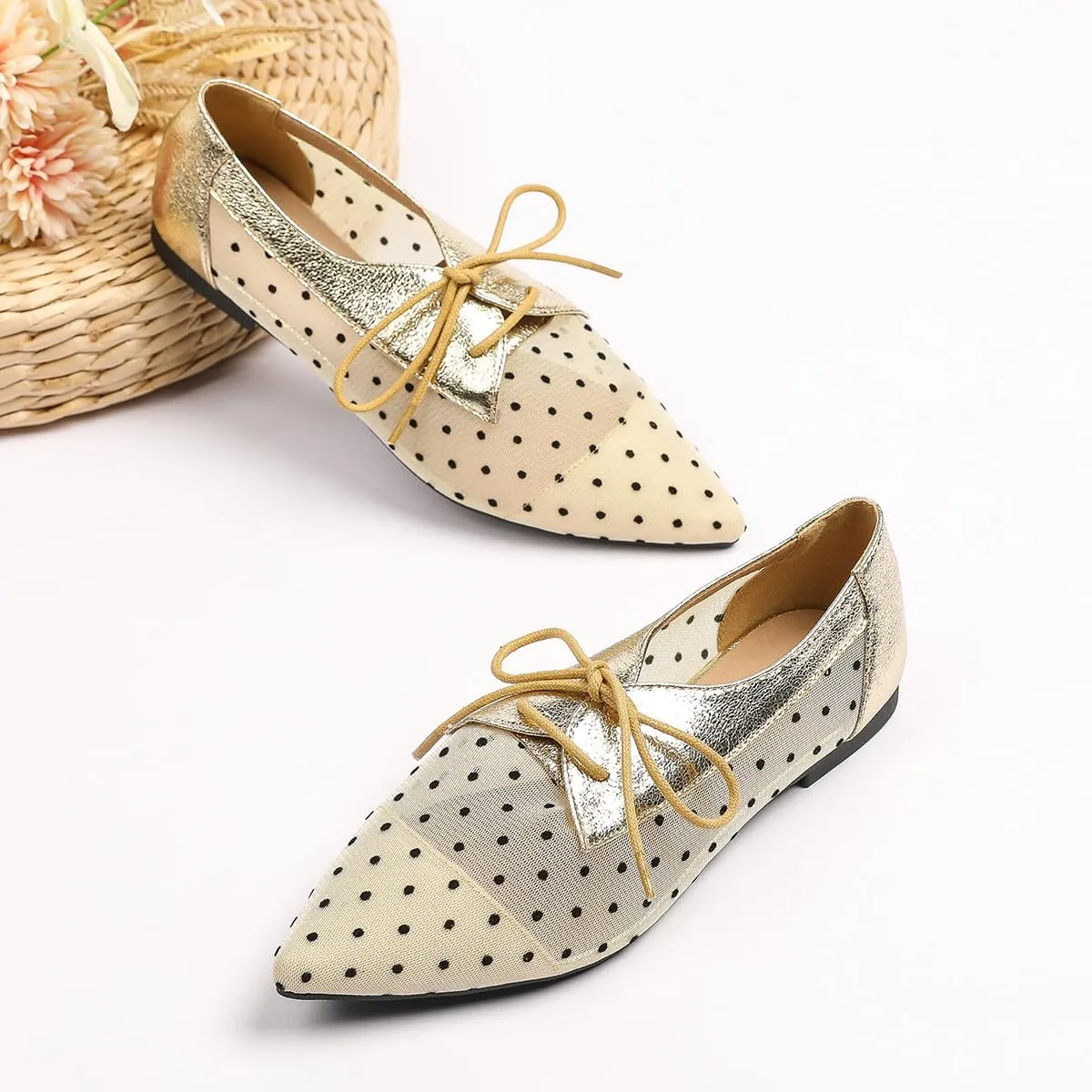 Mesh Ballet Flats for Women Pointed Toe Mesh Flats Polka Dot Shoes Lace up Ballerina Mary Janes Cute Womens Summer Shoes