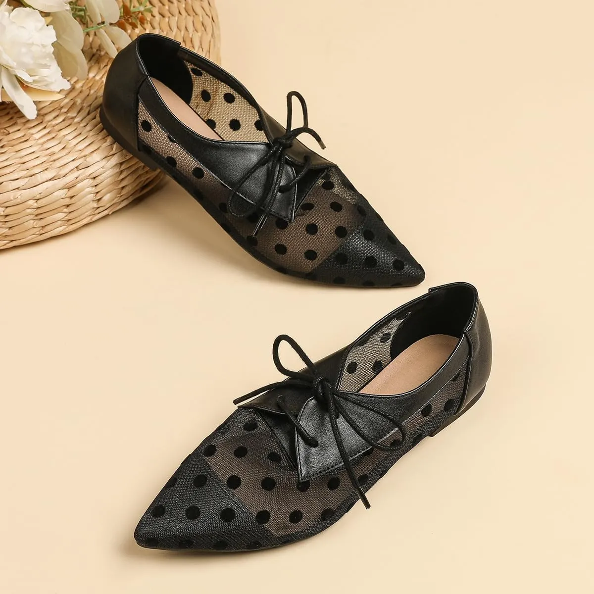 Mesh Ballet Flats for Women Pointed Toe Mesh Flats Polka Dot Shoes Lace up Ballerina Mary Janes Cute Womens Summer Shoes