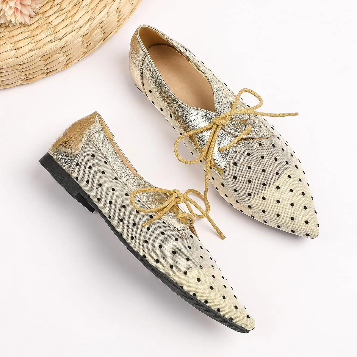 Mesh Ballet Flats for Women Pointed Toe Mesh Flats Polka Dot Shoes Lace up Ballerina Mary Janes Cute Womens Summer Shoes