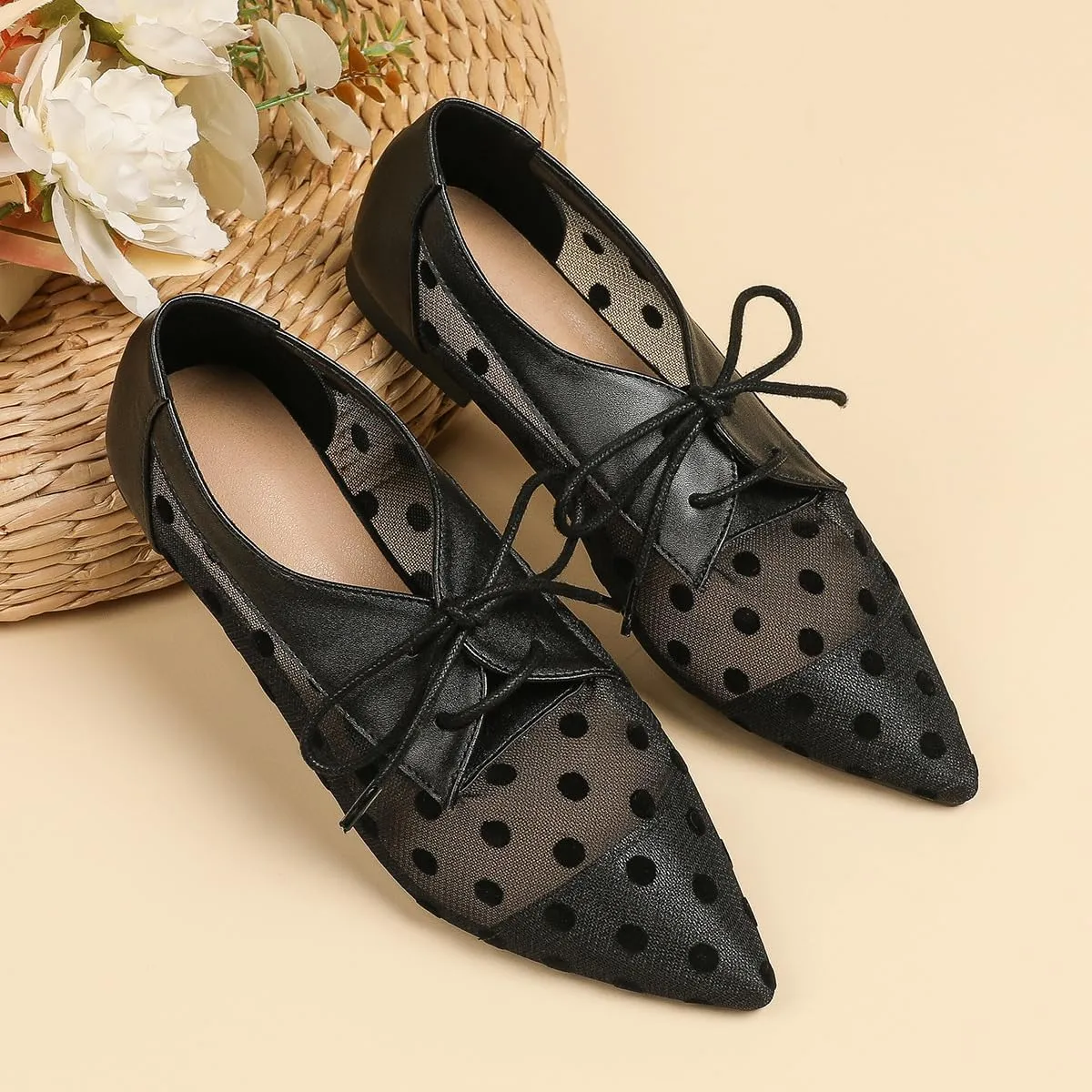 Mesh Ballet Flats for Women Pointed Toe Mesh Flats Polka Dot Shoes Lace up Ballerina Mary Janes Cute Womens Summer Shoes
