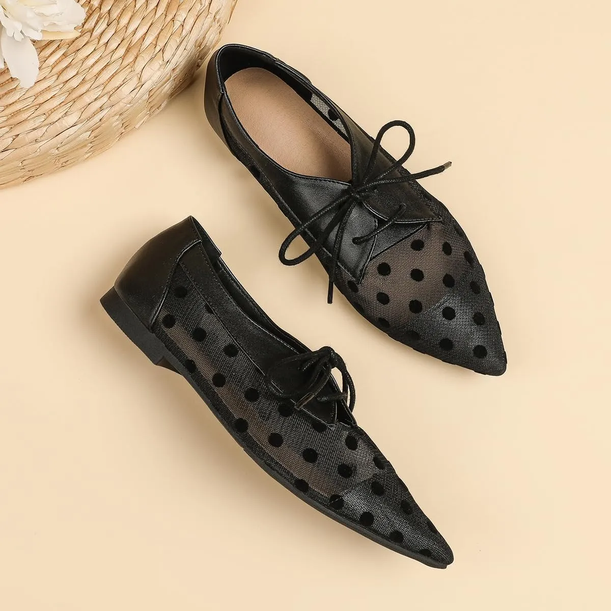Mesh Ballet Flats for Women Pointed Toe Mesh Flats Polka Dot Shoes Lace up Ballerina Mary Janes Cute Womens Summer Shoes