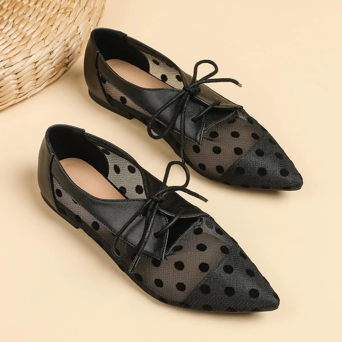 Mesh Ballet Flats for Women Pointed Toe Mesh Flats Polka Dot Shoes Lace up Ballerina Mary Janes Cute Womens Summer Shoes