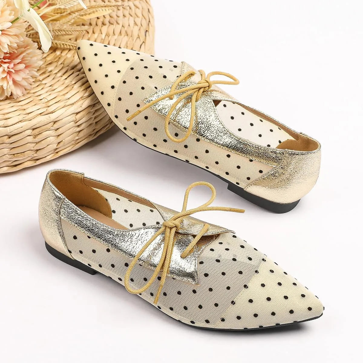 Mesh Ballet Flats for Women Pointed Toe Mesh Flats Polka Dot Shoes Lace up Ballerina Mary Janes Cute Womens Summer Shoes