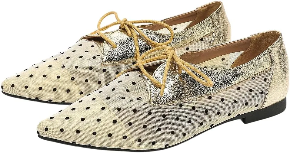 Mesh Ballet Flats for Women Pointed Toe Mesh Flats Polka Dot Shoes Lace up Ballerina Mary Janes Cute Womens Summer Shoes