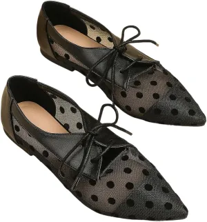 Mesh Ballet Flats for Women Pointed Toe Mesh Flats Polka Dot Shoes Lace up Ballerina Mary Janes Cute Womens Summer Shoes