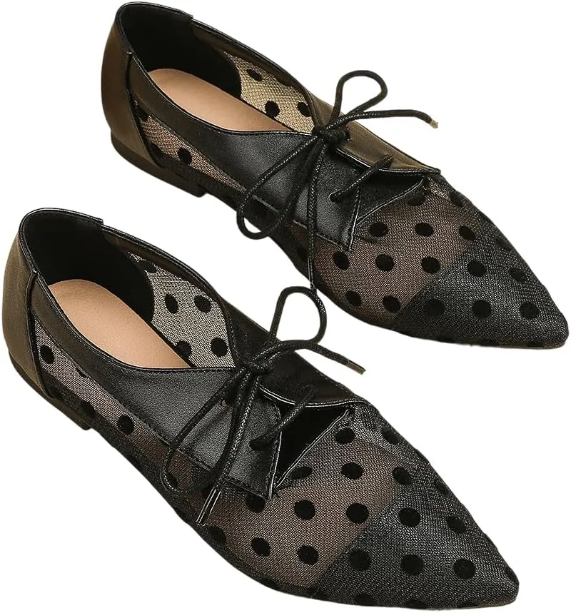 Mesh Ballet Flats for Women Pointed Toe Mesh Flats Polka Dot Shoes Lace up Ballerina Mary Janes Cute Womens Summer Shoes