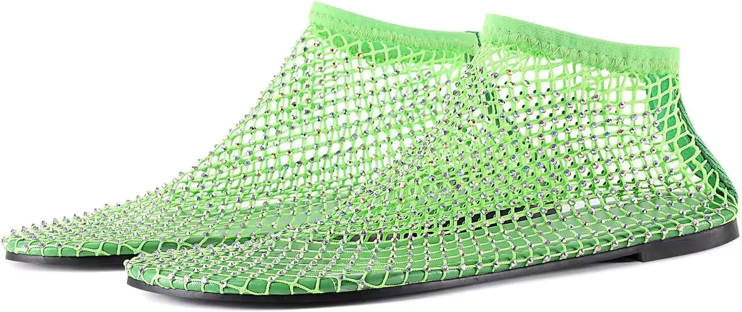 Mesh Ballet Flats Round Toe Shiny Gem Mesh Flats Rhinestone Short Boots Sexy Sandals Cutout Sparkly Comfortable Beach Casual Dress Flats for Women
