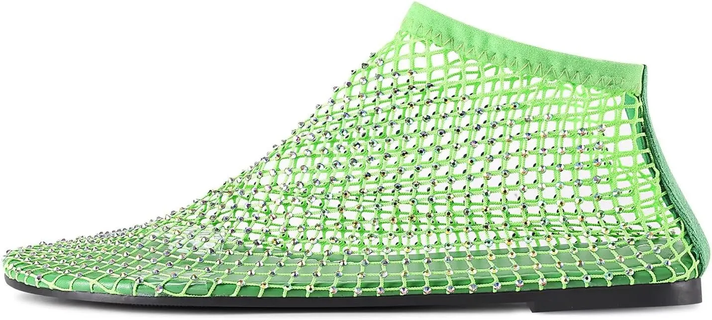 Mesh Ballet Flats Round Toe Shiny Gem Mesh Flats Rhinestone Short Boots Sexy Sandals Cutout Sparkly Comfortable Beach Casual Dress Flats for Women