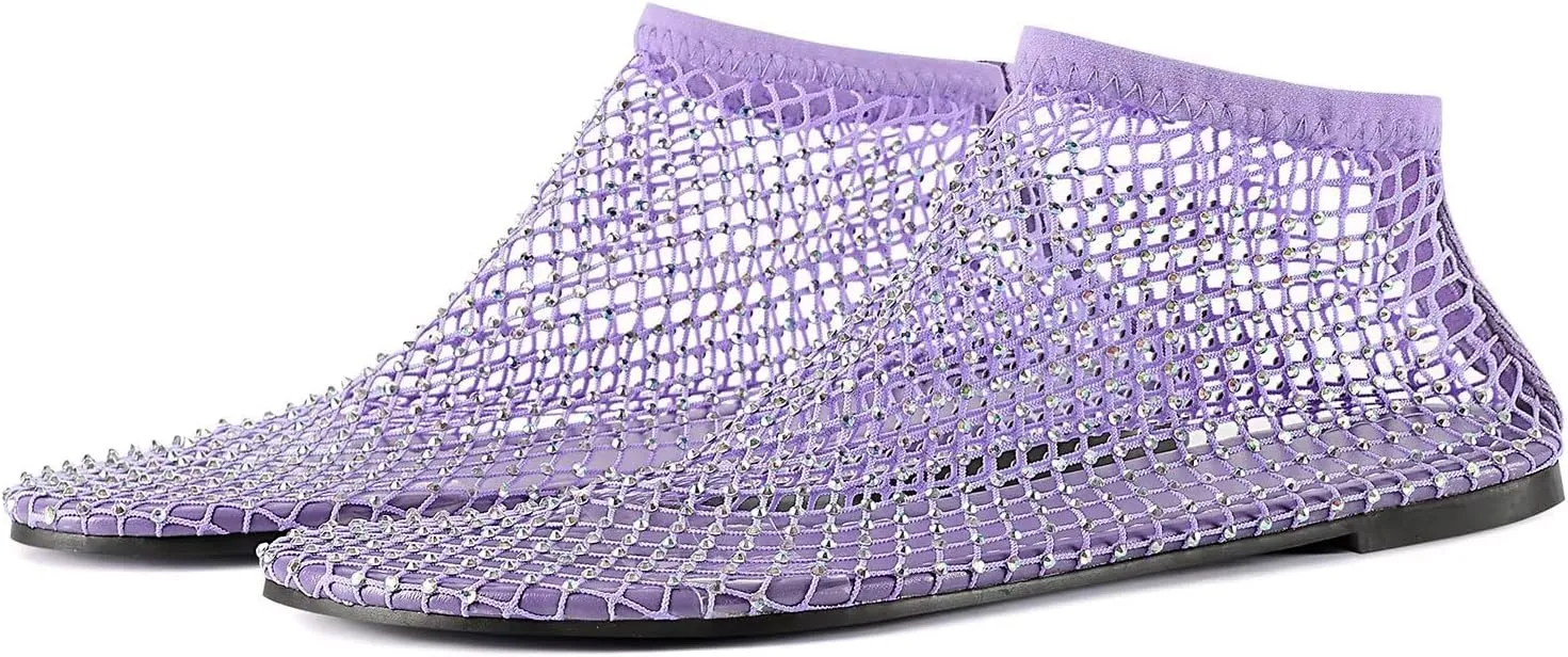 Mesh Ballet Flats Round Toe Shiny Gem Mesh Flats Rhinestone Short Boots Sexy Sandals Cutout Sparkly Comfortable Beach Casual Dress Flats for Women