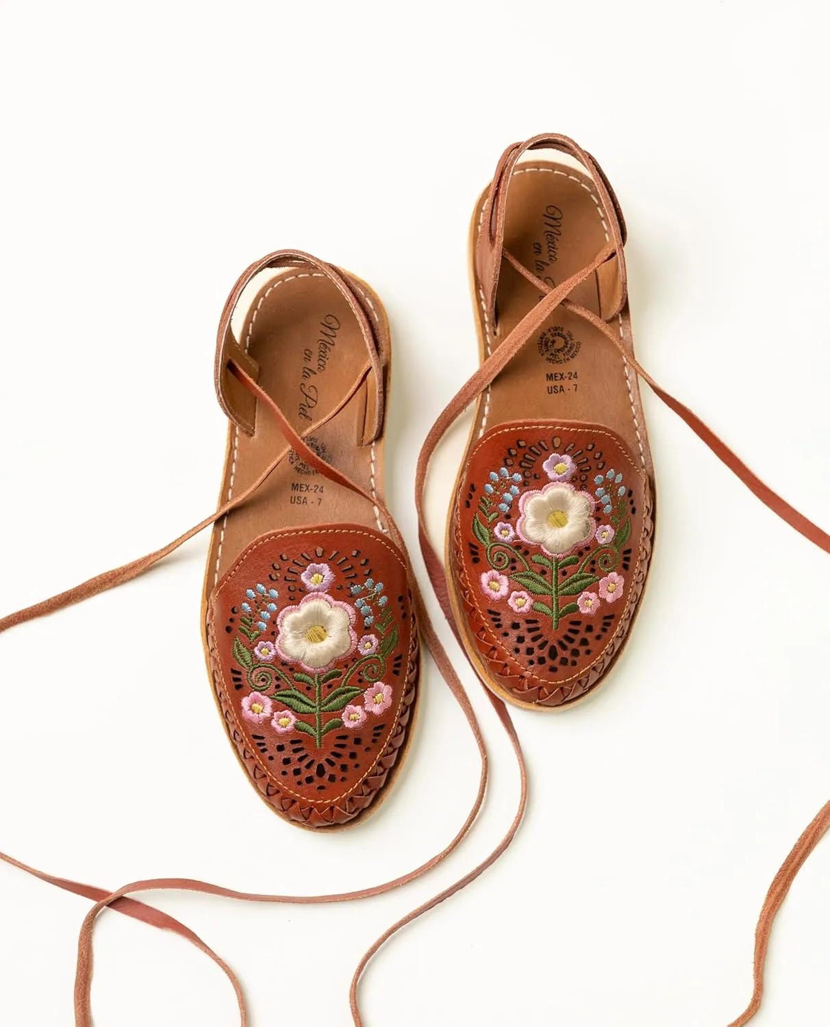 Mexico en la Piel Handcrafted Leather Huarache Sandals for Women - Roman Lace-Up Design, Crepe Sole, Floral Embroidery, Lightweight and Breathable, Available in Natural, Shedron, and White