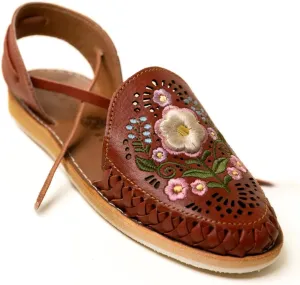 Mexico en la Piel Handcrafted Leather Huarache Sandals for Women - Roman Lace-Up Design, Crepe Sole, Floral Embroidery, Lightweight and Breathable, Available in Natural, Shedron, and White