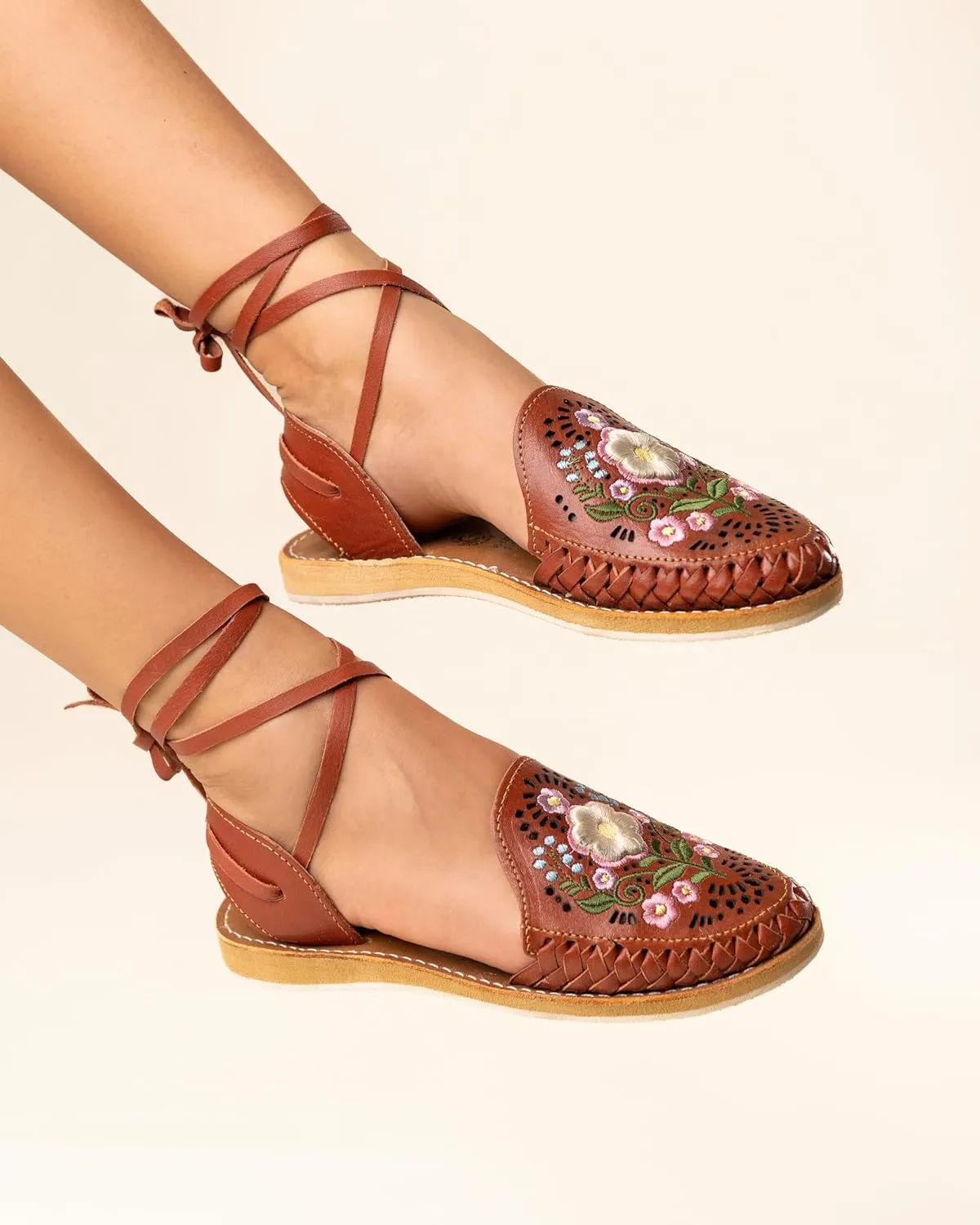 Mexico en la Piel Handcrafted Leather Huarache Sandals for Women - Roman Lace-Up Design, Crepe Sole, Floral Embroidery, Lightweight and Breathable, Available in Natural, Shedron, and White