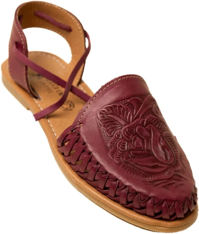 Mexico en la Piel Handmade Leather Flat Sandals for Women - Available in Purple Roman Style and Blue Buckle Style, Floral Die-Cut Design, Comfortable and Casual