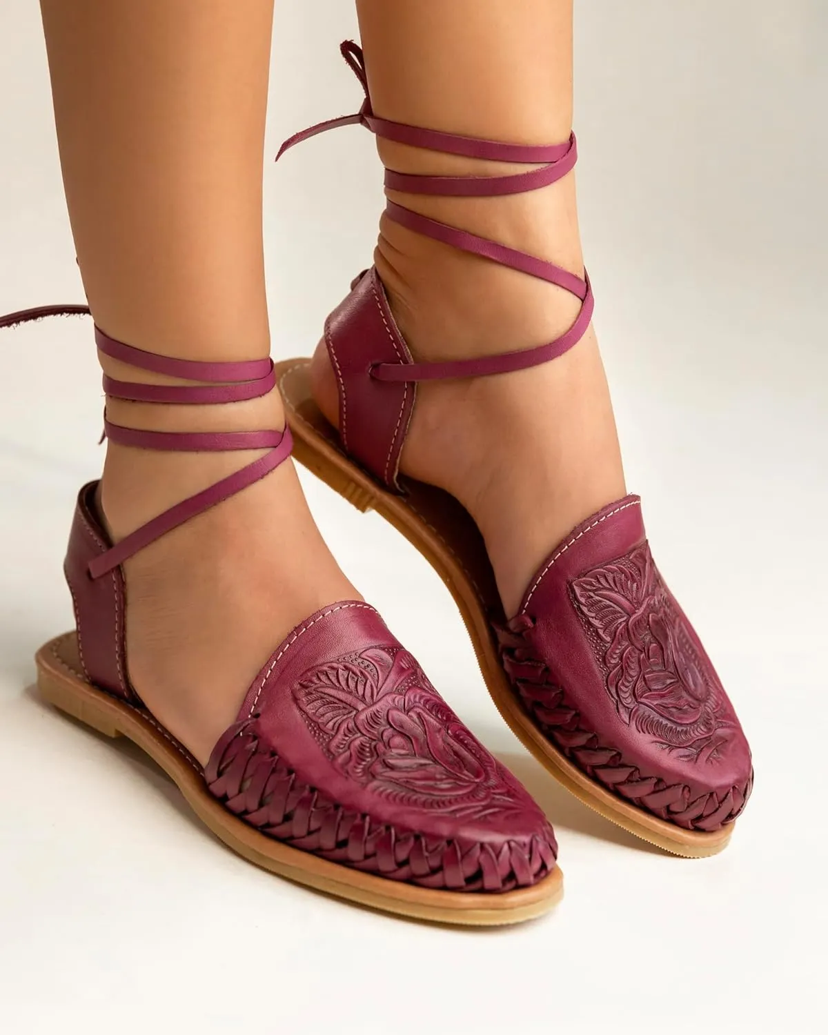 Mexico en la Piel Handmade Leather Flat Sandals for Women - Available in Purple Roman Style and Blue Buckle Style, Floral Die-Cut Design, Comfortable and Casual