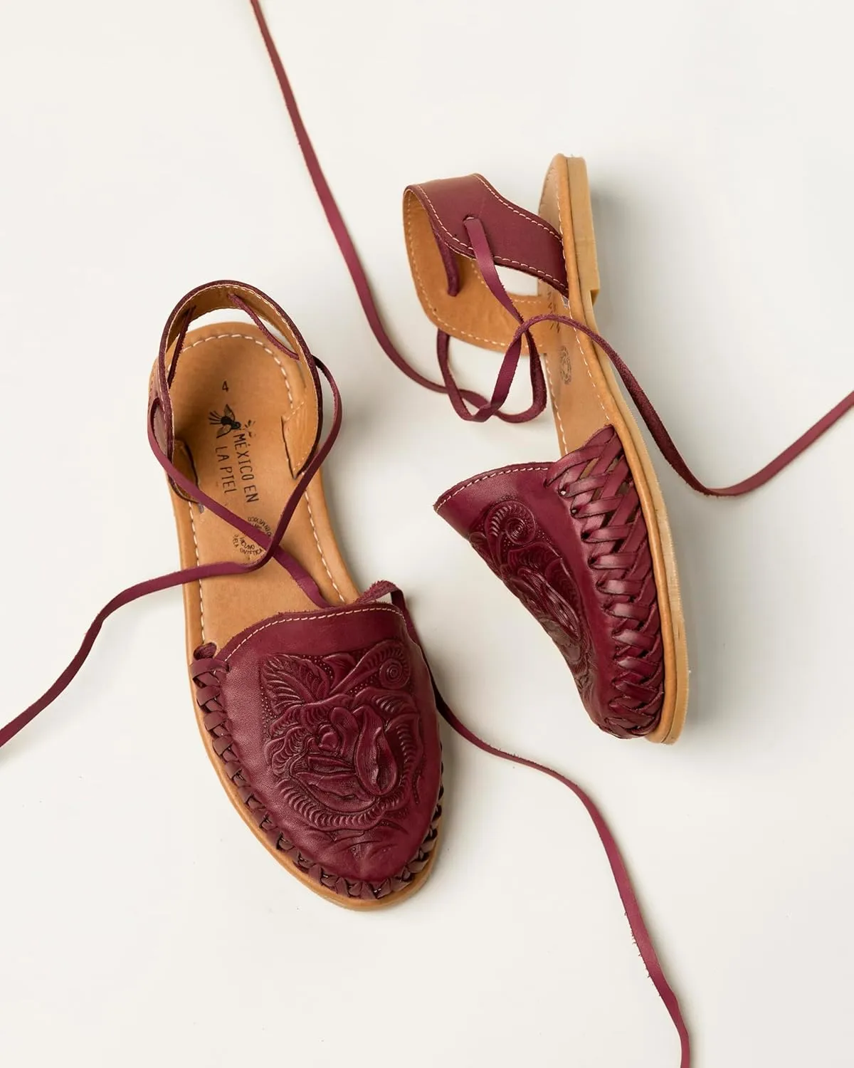 Mexico en la Piel Handmade Leather Flat Sandals for Women - Available in Purple Roman Style and Blue Buckle Style, Floral Die-Cut Design, Comfortable and Casual
