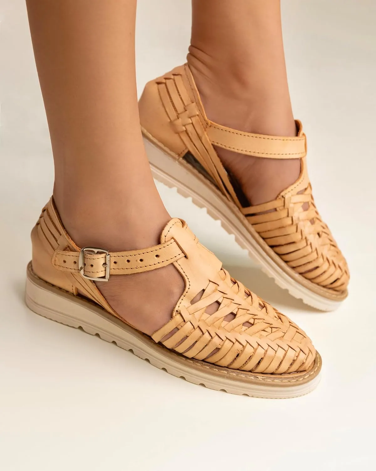 Mexico en la Piel Handmade Leather Sandals for Women - Beige, Breathable Leather with Rubber Sole, Adjustable Ankle Buckle, Comfortable Fit, Sizes 5-10 US