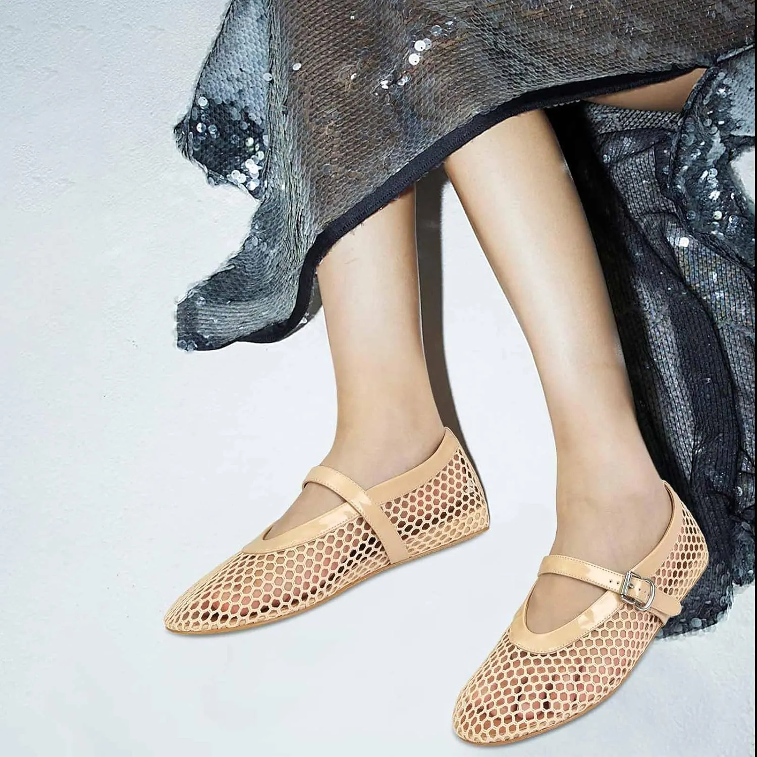 MICIFA Women's Mesh Ballet Flats Fishnet Ballerina Flats Buckle Strap Mary Jane Flats Causal Daily Dress Shoes