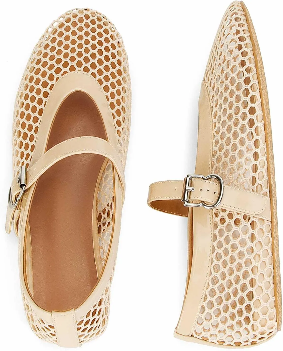 MICIFA Women's Mesh Ballet Flats Fishnet Ballerina Flats Buckle Strap Mary Jane Flats Causal Daily Dress Shoes