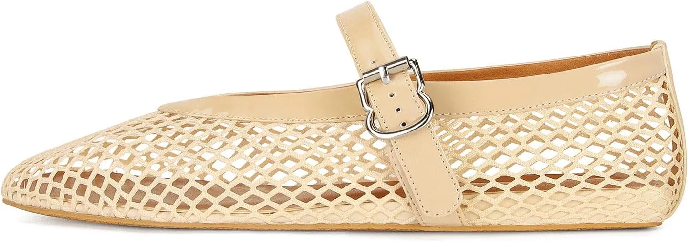 MICIFA Women's Mesh Ballet Flats Fishnet Ballerina Flats Buckle Strap Mary Jane Flats Causal Daily Dress Shoes