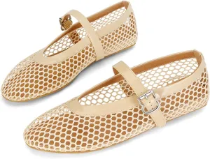MICIFA Women's Mesh Ballet Flats Fishnet Ballerina Flats Buckle Strap Mary Jane Flats Causal Daily Dress Shoes