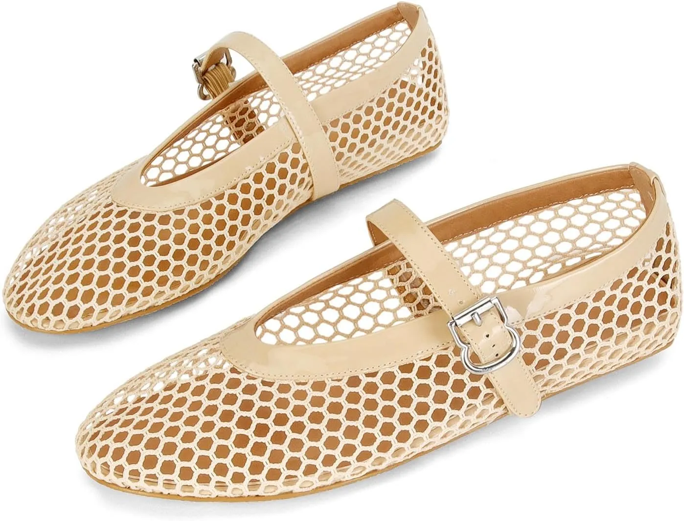 MICIFA Women's Mesh Ballet Flats Fishnet Ballerina Flats Buckle Strap Mary Jane Flats Causal Daily Dress Shoes