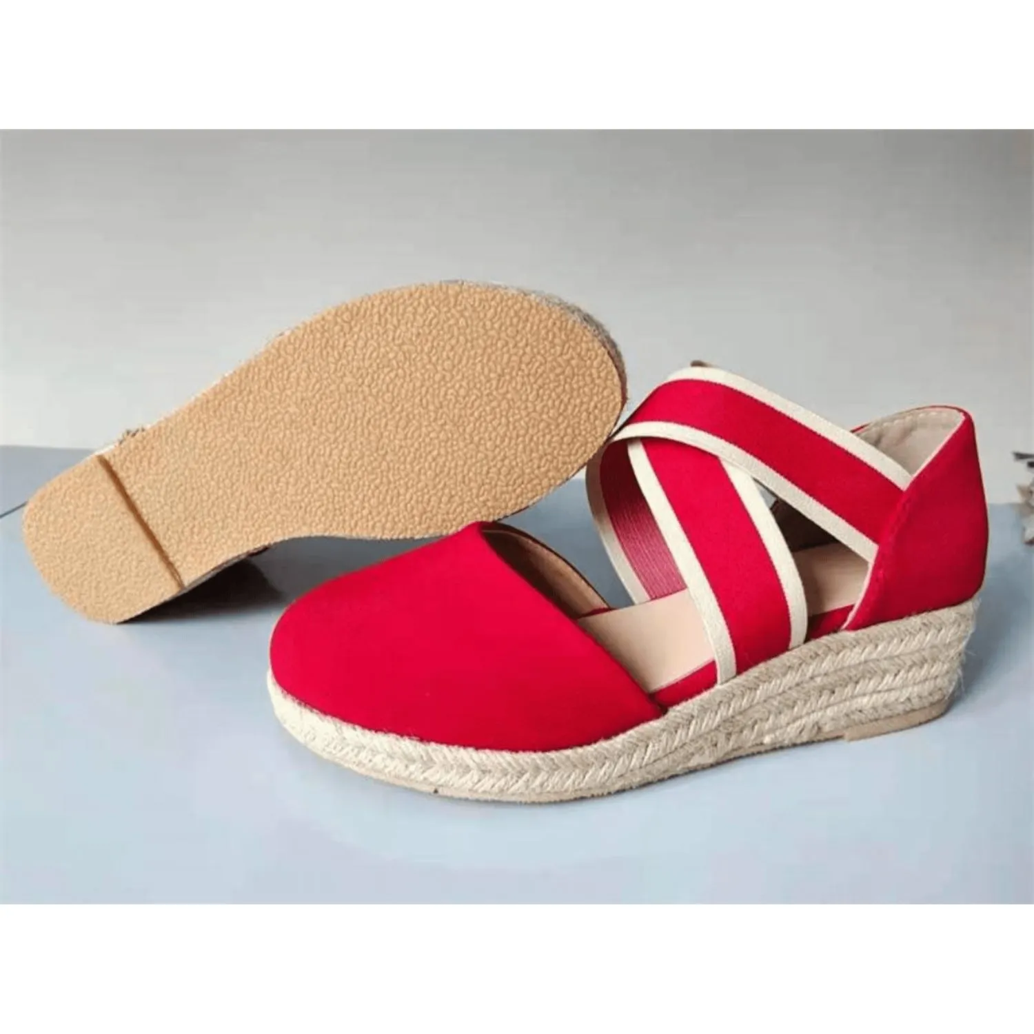 Mila | Espadrilles with cross strap & rope wedge heel