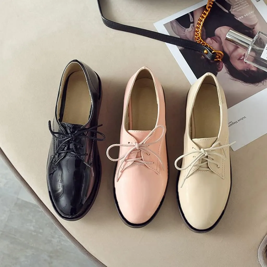 MIOKE Women's Classic Lace Up Oxford Shoes Patent Leather Comfort Flat Low Heel School Oxfords Loafers