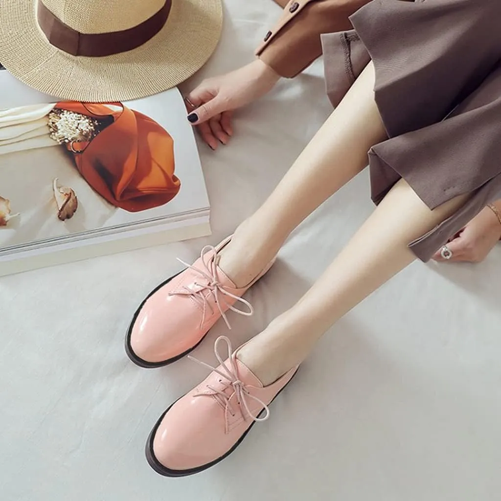MIOKE Women's Classic Lace Up Oxford Shoes Patent Leather Comfort Flat Low Heel School Oxfords Loafers