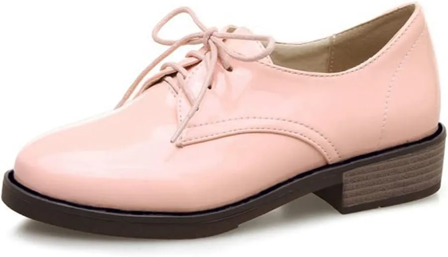 MIOKE Women's Classic Lace Up Oxford Shoes Patent Leather Comfort Flat Low Heel School Oxfords Loafers