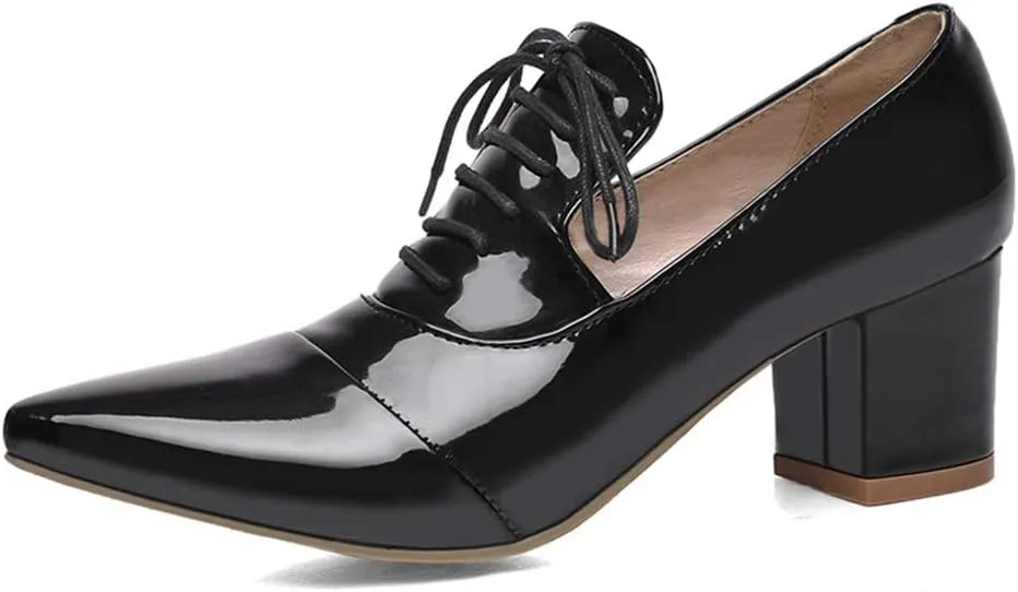MIOKE Women's Pointed Toe Pump Oxfords Classic Patent Leather Lace Up Comfort Western School Dress Shoes