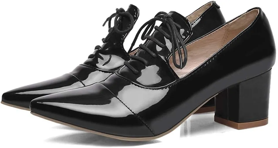 MIOKE Women's Pointed Toe Pump Oxfords Classic Patent Leather Lace Up Comfort Western School Dress Shoes