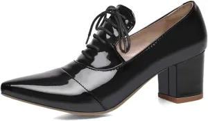 MIOKE Women's Pointed Toe Pump Oxfords Classic Patent Leather Lace Up Comfort Western School Dress Shoes