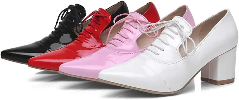 MIOKE Women's Pointed Toe Pump Oxfords Classic Patent Leather Lace Up Comfort Western School Dress Shoes
