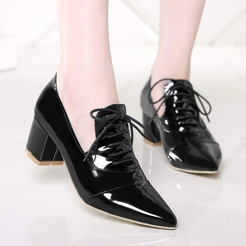 MIOKE Women's Pointed Toe Pump Oxfords Classic Patent Leather Lace Up Comfort Western School Dress Shoes