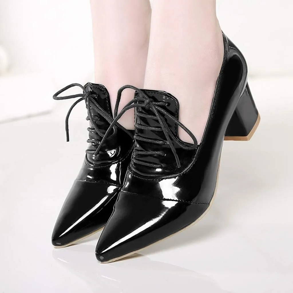MIOKE Women's Pointed Toe Pump Oxfords Classic Patent Leather Lace Up Comfort Western School Dress Shoes