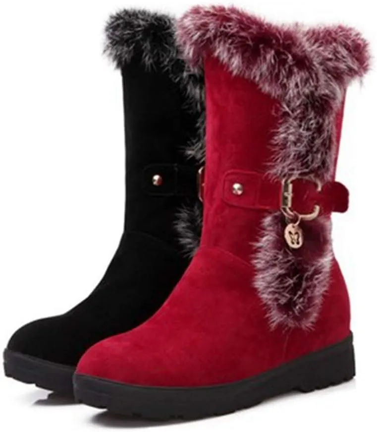 MIOKE Women's Winter Fur Snow Boots Waterproof Mid Calf Suede Buckle Slip On Platform Wide Warm Snow Boot