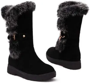 MIOKE Women's Winter Fur Snow Boots Waterproof Mid Calf Suede Buckle Slip On Platform Wide Warm Snow Boot
