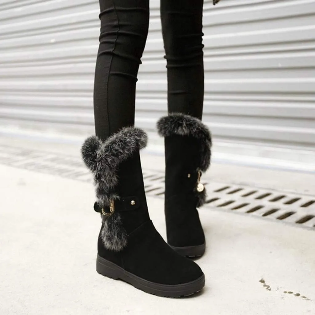 MIOKE Women's Winter Fur Snow Boots Waterproof Mid Calf Suede Buckle Slip On Platform Wide Warm Snow Boot