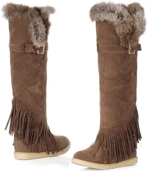 MIOKE Women's Winter Knee High Tall Snow Boots Fashion Buckle Fringe Waterproof Warm Fur Wide Calf Snow Boot