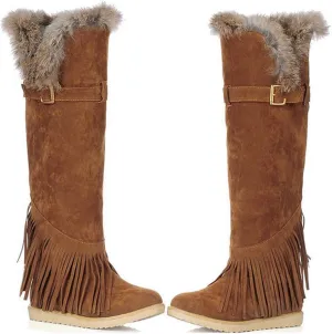 MIOKE Women's Winter Knee High Tall Snow Boots Fashion Buckle Fringe Waterproof Warm Fur Wide Calf Snow Boot