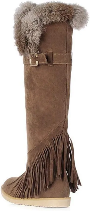 MIOKE Women's Winter Knee High Tall Snow Boots Fashion Buckle Fringe Waterproof Warm Fur Wide Calf Snow Boot