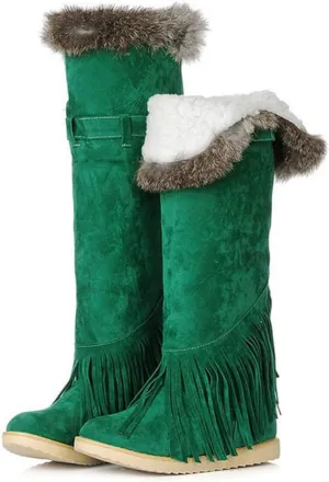 MIOKE Women's Winter Knee High Tall Snow Boots Fashion Buckle Fringe Waterproof Warm Fur Wide Calf Snow Boot