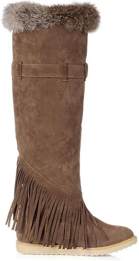 MIOKE Women's Winter Knee High Tall Snow Boots Fashion Buckle Fringe Waterproof Warm Fur Wide Calf Snow Boot